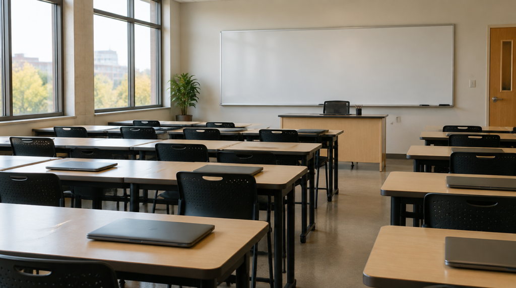 Modern adult retraining classroom with desks and laptops
