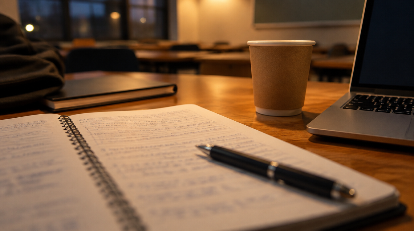 An open notebook and laptop on a desk in the evening