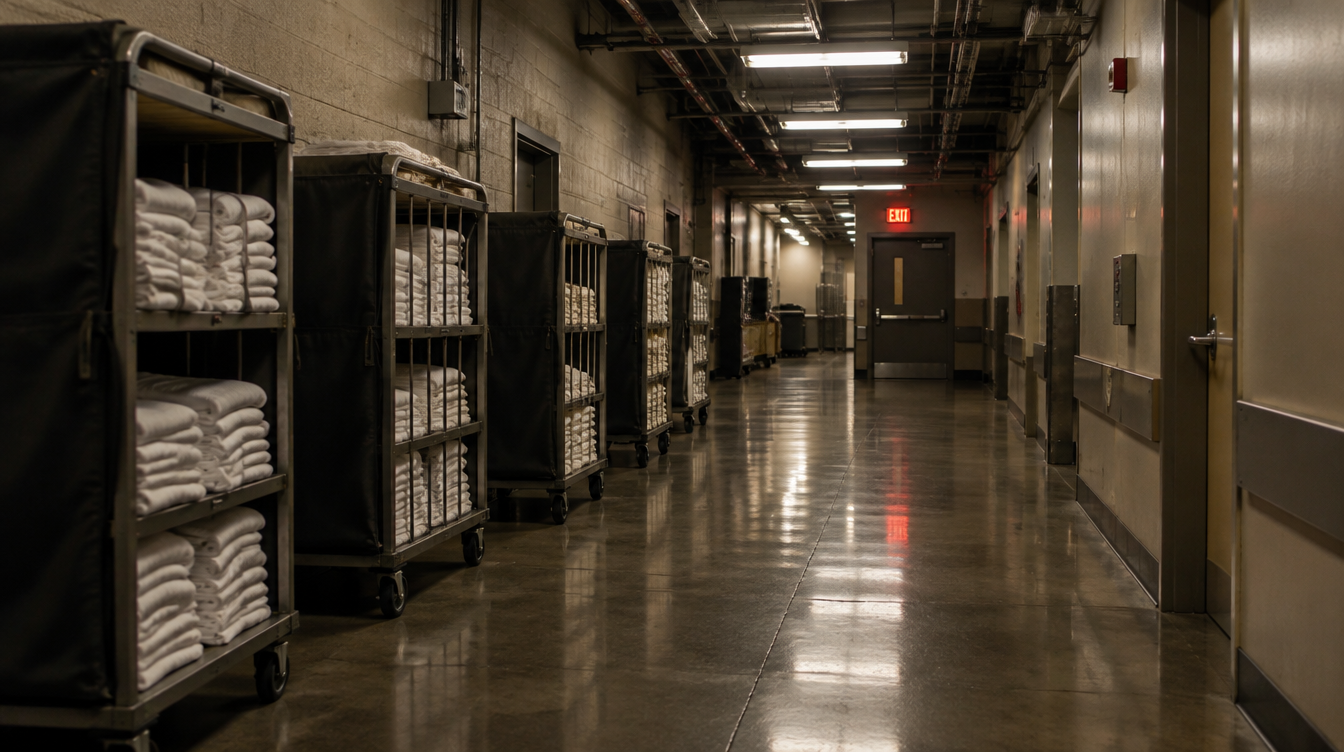 An empty back-of-house service corridor inside a Las Vegas resort