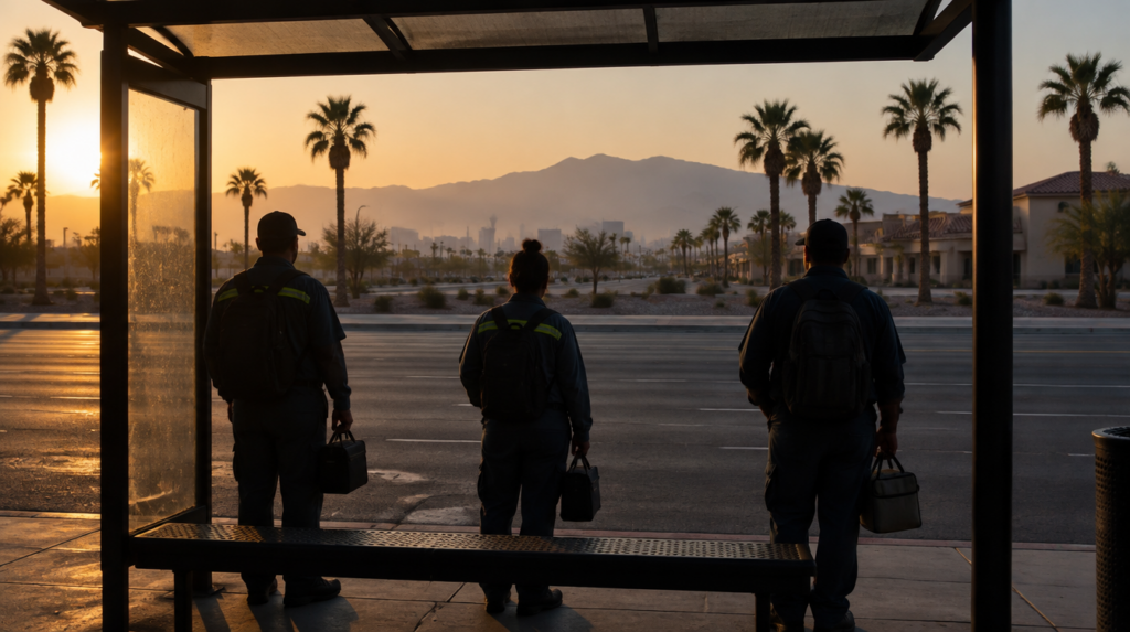 Workers in uniform waiting at a bus shelter on a Las Vegas boulevard at dawn