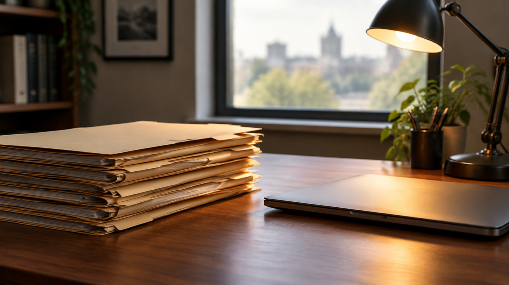 Case file, pen and reading glasses on a desk