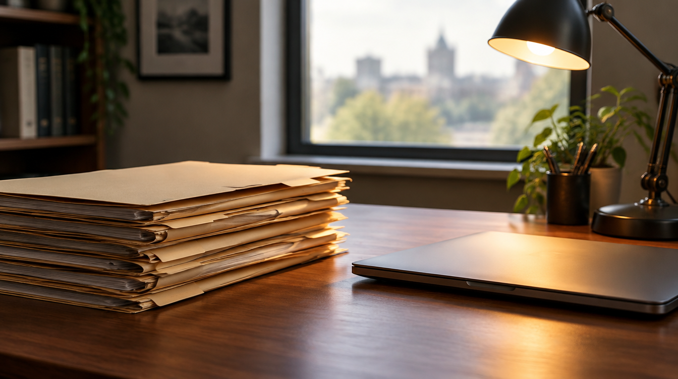 Claim folders and a laptop on a counselor's desk