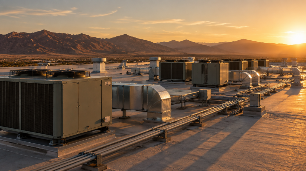 A commercial rooftop in the Nevada desert at golden hour