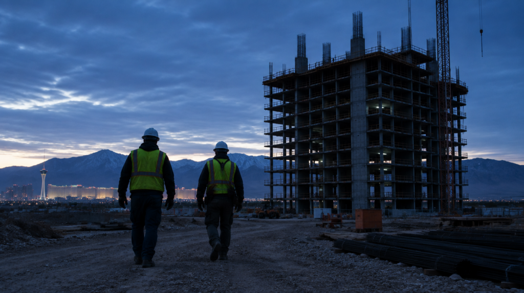 A construction crew starting work before dawn