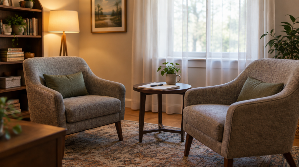 Quiet counseling office with two upholstered chairs angled toward each other