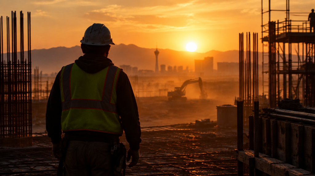 A desert construction site at dawn