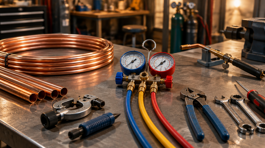 An HVAC apprentice workbench with copper tubing and gauges