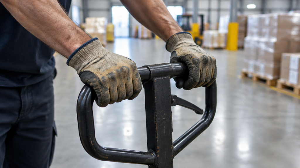 Gloved hands gripping the handle of a pallet jack