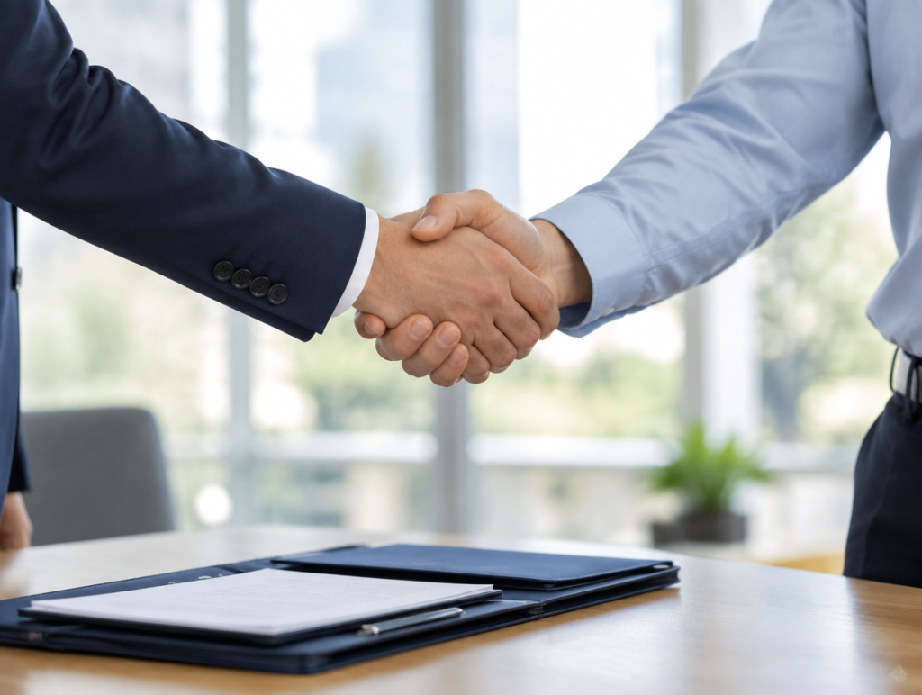 A handshake closing out a case