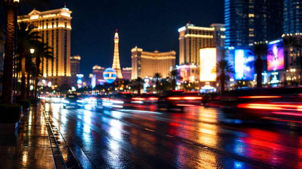 A Las Vegas boulevard at night with headlight trails