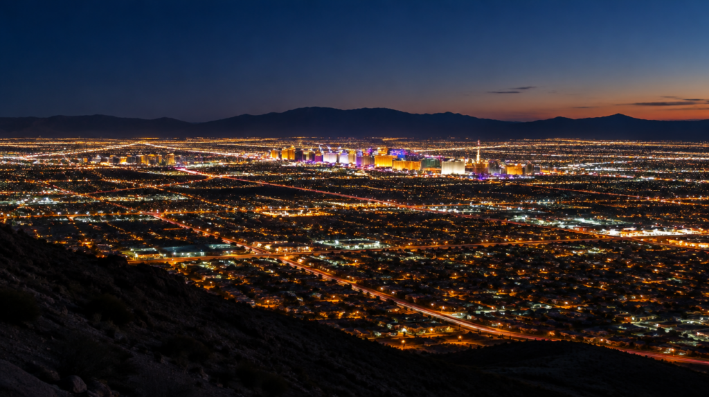 The Las Vegas valley lit up at night, seen from a hillside