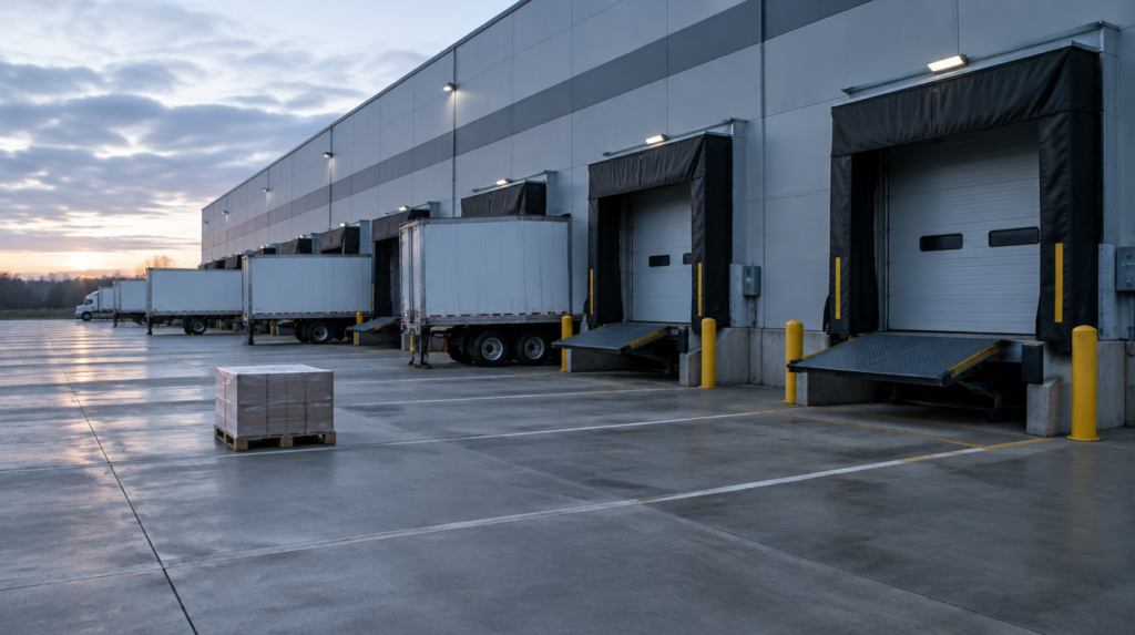 A distribution centre loading dock at dawn