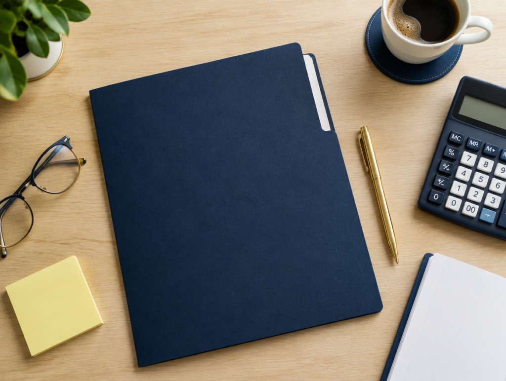 Case file, pen and reading glasses arranged on a desk