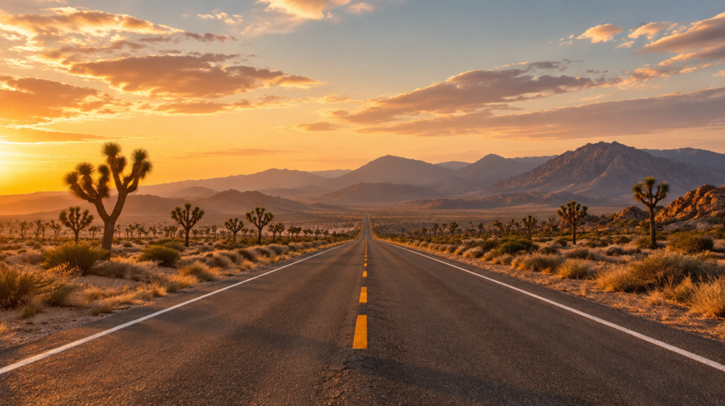 An open Nevada highway at golden hour