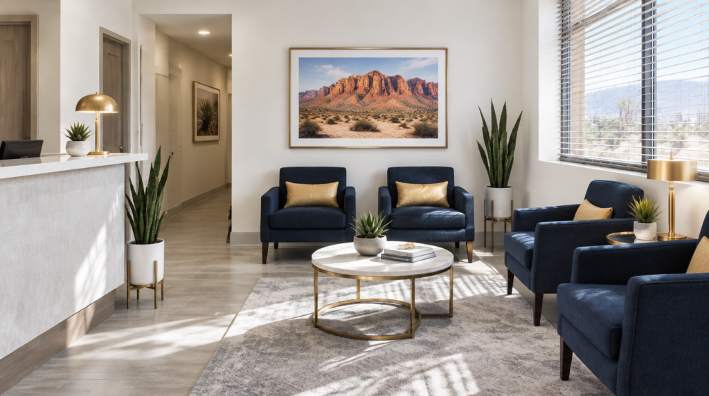 Bright modern small-office reception area with armchairs