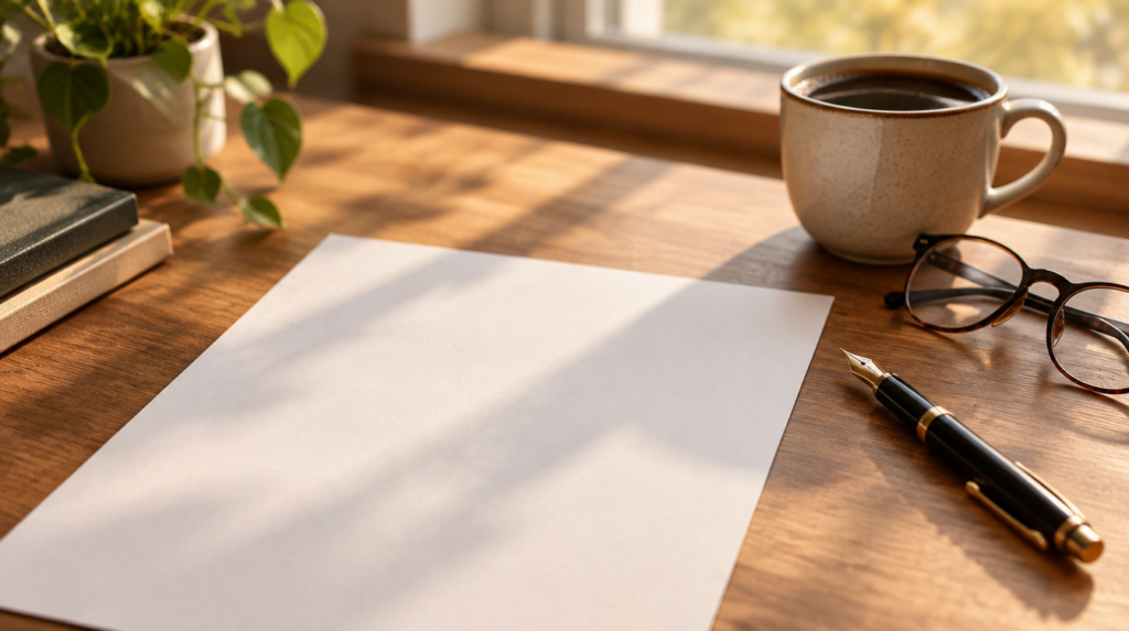A blank page, pen and reading glasses on a desk