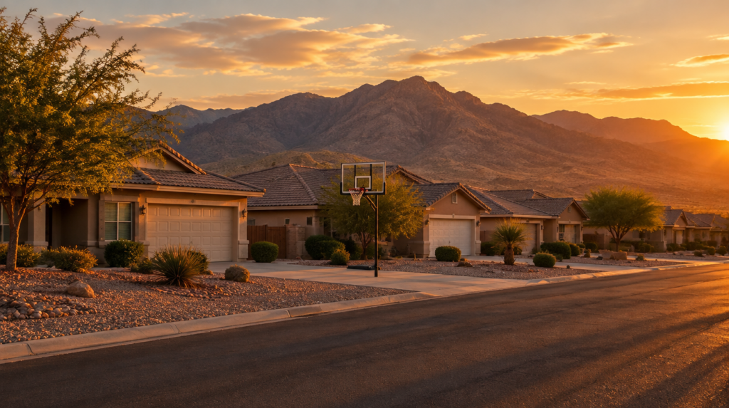A quiet suburban Nevada street at golden hour