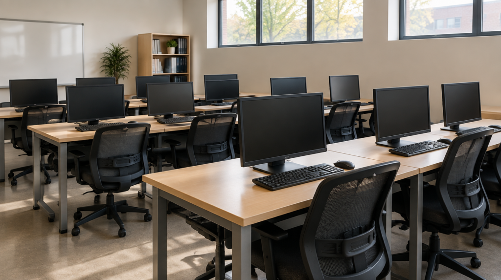 Rows of desks in a computer lab for adult vocational training