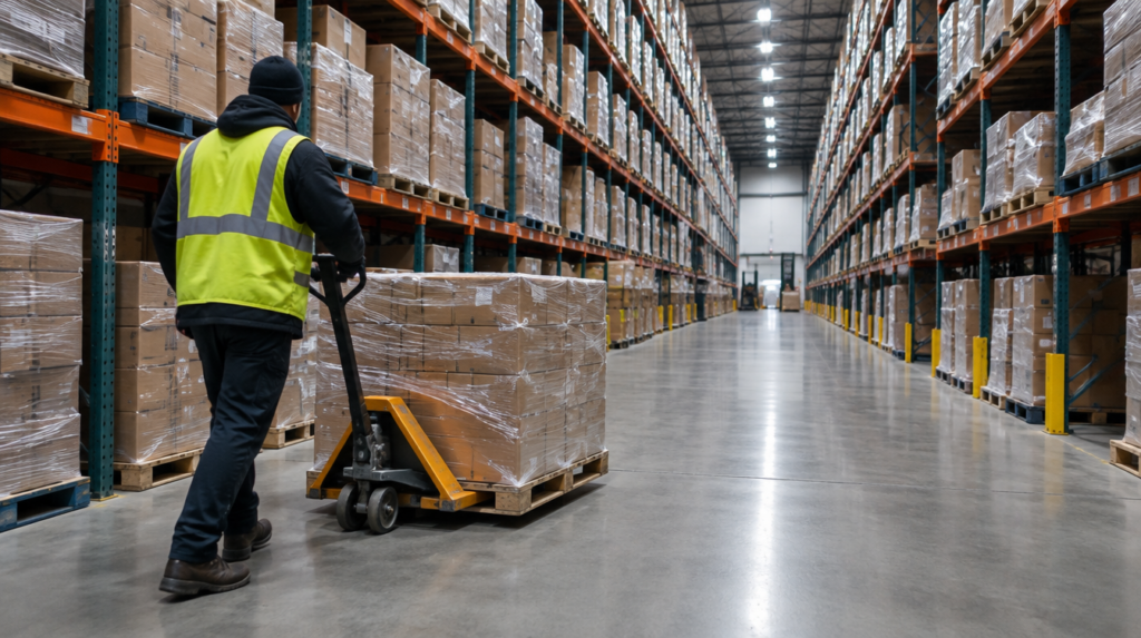 A worker moving a pallet jack down a distribution centre aisle