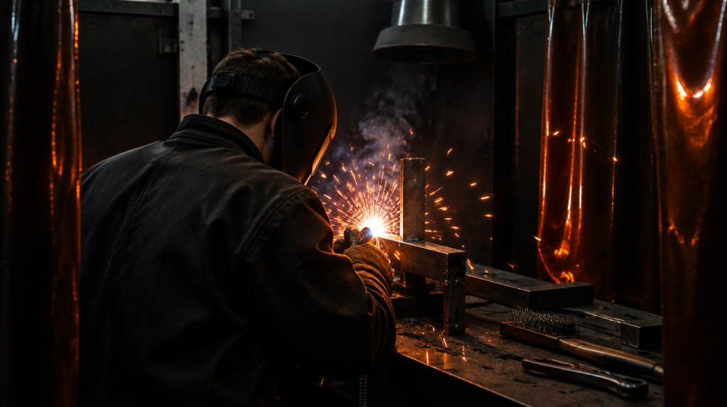 Sparks arcing inside a trade school welding booth