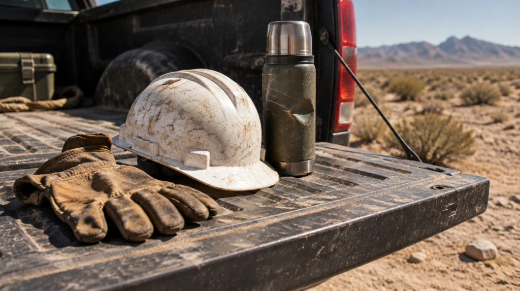 Worn leather work gloves and a scuffed hard hat on a workbench